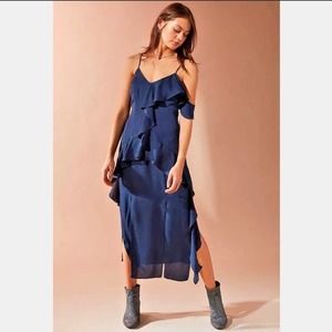 NWT Keepsake Love Bound Navy Blue Midi Dress Size Small Ruffle Side Slits